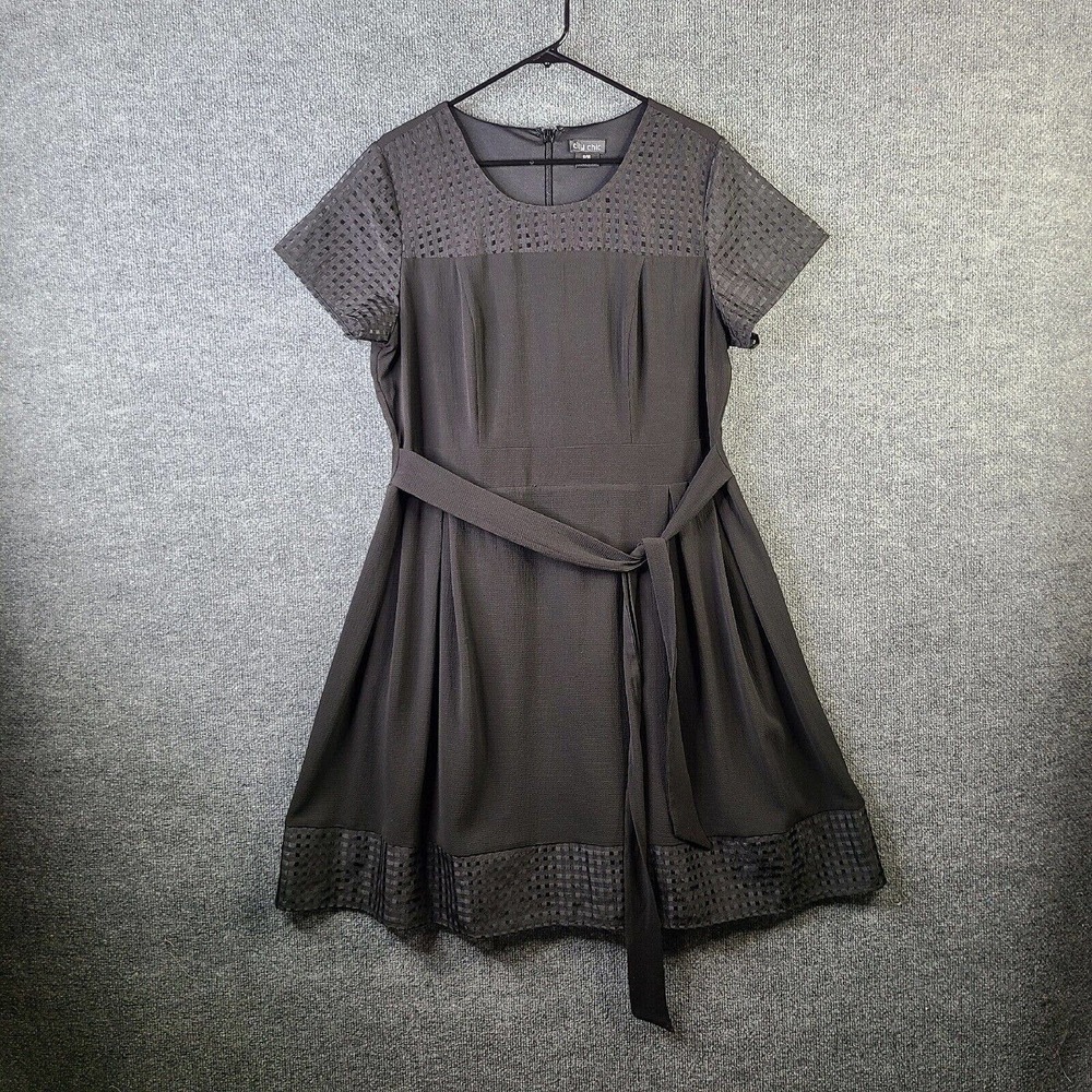City Chic Dress Womens 16 Small Black Fit & Flare Midi Tie Waist Short Sleeve